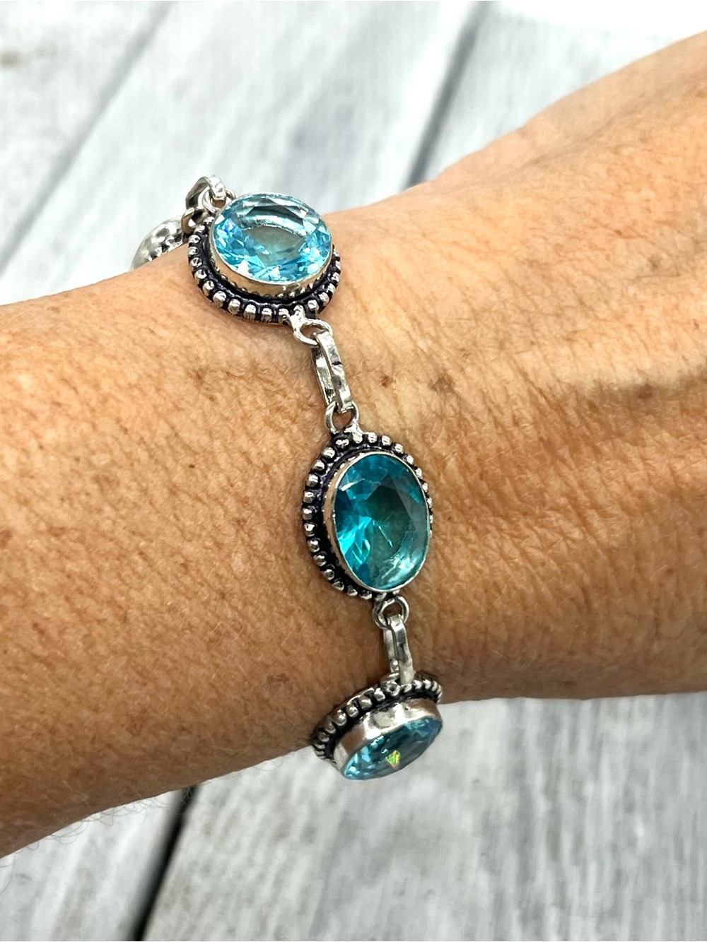 346. Blue Topaz Sterling 925 Link Bracelet - 7” to 7 3/4” - Picture 9 of 9